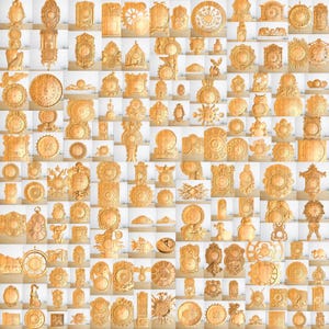 May include: A collage of 100 different wooden clock designs. The clocks are all carved from wood and have a variety of styles, including traditional, modern, and whimsical. The clocks are all in various shades of brown and beige.