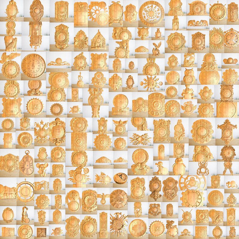 May include: A collage of 100 different wooden clock designs. The clocks are all carved from wood and have a variety of styles, including traditional, modern, and whimsical. The clocks are all in various shades of brown and beige.