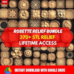 Puede incluir: Un collage de más de 370 diseños de relieve de roseta imprimibles en 3D de color dorado. La imagen presenta el texto "Rosette Relief Bundle", "370+ STL Relief" y "Lifetime Access". También se incluye el texto "Descarga instantánea con Google Drive".