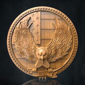 Modelo STL em relevo 3D de uma águia-careca americana, para fresadora CNC, decoração com a bandeira dos EUA (Download digital)