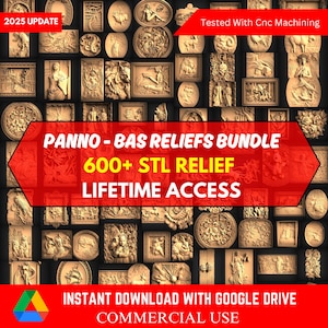 Può includere: Un collage di oltre 600 file STL stampabili in 3D di bassorilievi. L'immagine mostra una varietà di design, tra cui animali, persone e motivi astratti. Il testo "PANNO - BAS RELIEFS BUNDLE 600+ STL RELIEF LIFETIME ACCESS" è visualizzato in rosso su uno sfondo nero. Il testo "INSTANT DOWNLOAD WITH GOOGLE DRIVE COMMERCIAL USE" è visualizzato in bianco su uno sfondo nero.