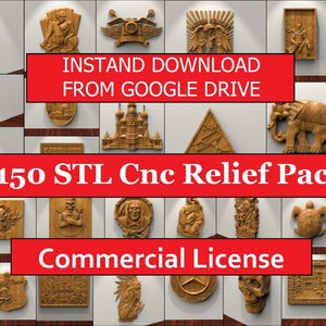 May include: A collection of over 150 STL files for CNC relief carving, featuring a variety of designs, including a motorcycle, a skull, a turtle, and a dreamcatcher. The text "INSTAND DOWNLOAD FROM GOOGLE DRIVE" and "Commercial License" are also visible.