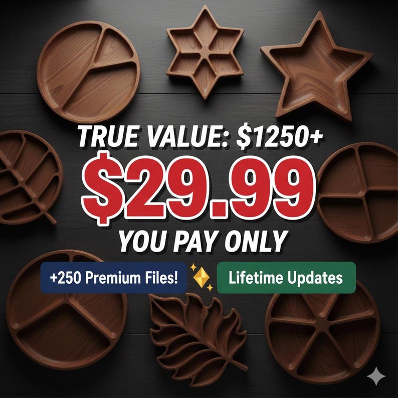 Ultimate CNC Files Mega Bundle with 250+ Premium Serving Tray Templates. Instant digital download includes multiple scalable formats: SVG DXF STL AI EPS. This vast CNC router bundle is perfect for high-volume woodworking businesses and professional woodworkers seeking a constantly expanding library of CNC files for wood. Gain lifetime access to all future designs with a single one-time payment.