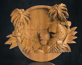 Parrot and Palms 3D CNC Router Files, 3d stl file, vectric,aspire,easel, cnc cut files, 3d files Summer, Wave, Panel, Table, Decor