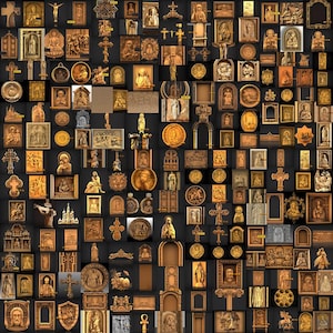 May include: A collection of intricately carved religious icons and symbols, including crosses, figures, and medallions. The pieces are primarily in shades of gold and brown, with varying levels of detail and relief, set against a dark background.