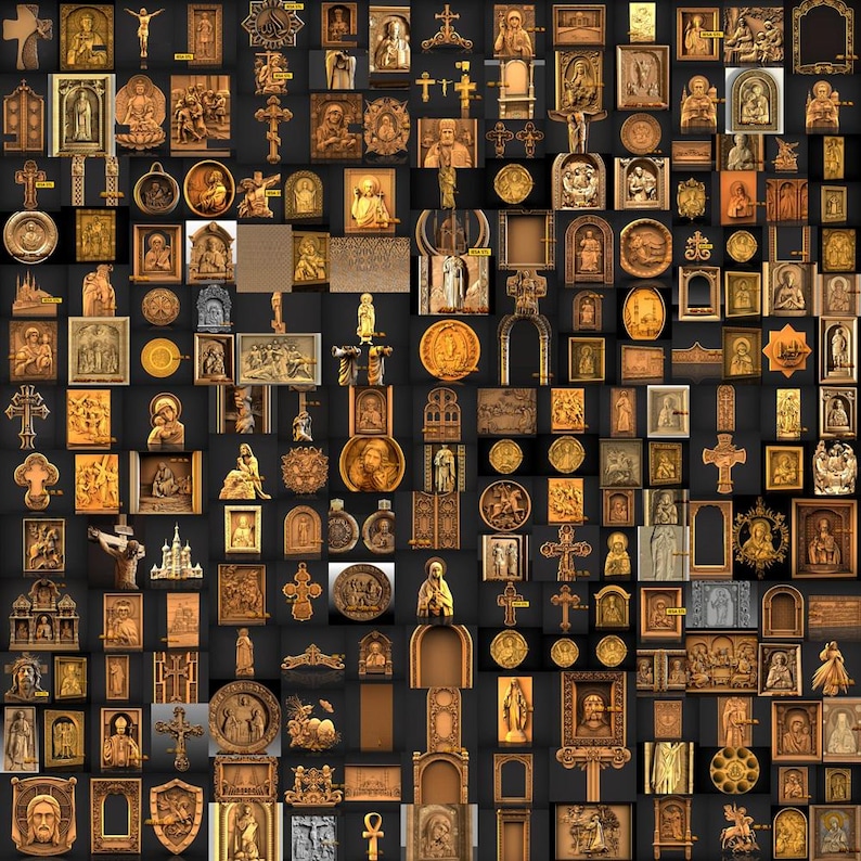 May include: A collection of intricately carved religious icons and symbols, including crosses, figures, and medallions. The pieces are primarily in shades of gold and brown, with varying levels of detail and relief, set against a dark background.