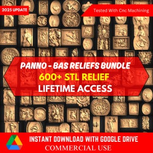 K&ouml;nnte beinhalten: Eine Collage aus &uuml;ber 600 3D-druckbaren STL-Dateien von Reliefs. Das Bild zeigt eine Vielzahl von Designs, darunter Tiere, Menschen und abstrakte Muster. Der Text "PANNO - BAS RELIEFS BUNDLE 600+ STL RELIEF LIFETIME ACCESS" ist in Rot auf schwarzem Hintergrund dargestellt. Der Text "INSTANT DOWNLOAD WITH GOOGLE DRIVE COMMERCIAL USE" ist in Wei&szlig; auf schwarzem Hintergrund dargestellt.