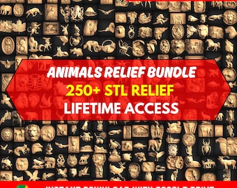 Animals & Fishes Relief Files Mega Bundle, +250 Pcs Wall Decor, Stl File For CNC Router, Dxf, Dwg, Eps, Stl, Svg, Cnc Cutter, Engraver