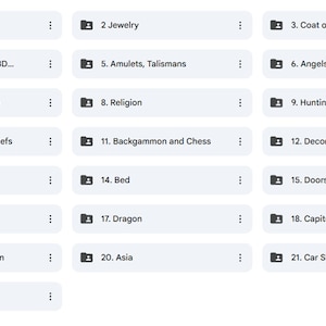 May include: A collection of Etsy shop category folders, each labeled with a number and a descriptive title. Categories include "Clocks," "Jewelry," "Coat of Arms," "Dwarf and Gnome," and more. The folders are arranged in rows and columns.