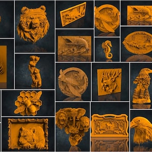 May include: A collection of 18 3D-printed wall art pieces featuring various animals, including bears, eagles, deer, and a beehive. The pieces are all made in a light orange color and have a textured surface.