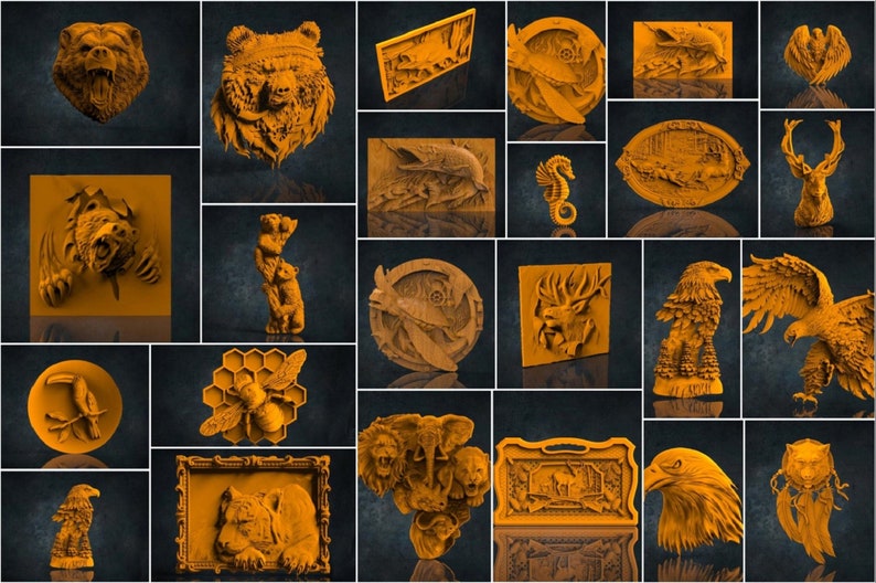 May include: A collection of 18 3D-printed wall art pieces featuring various animals, including bears, eagles, deer, and a beehive. The pieces are all made in a light orange color and have a textured surface.