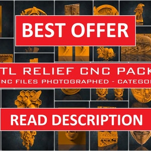 K&ouml;nnte beinhalten: Eine Collage aus &uuml;ber 150 CNC-Reliefdateien f&uuml;r die Holzbearbeitung. Das Bild zeigt eine Vielzahl von Designs, darunter Tiere, Pflanzen und geometrische Muster. Der Text "BEST OFFER" und "STL RELIEF CNC PACK" ist in Rot dargestellt.
