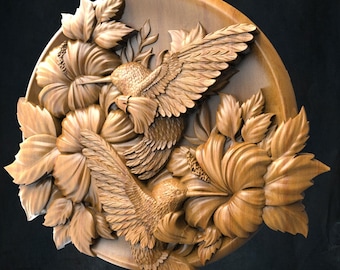 May include: A wooden relief carving featuring two hummingbirds in flight amidst hibiscus flowers and foliage. The birds' wings are outstretched, and the details of the feathers and petals are finely carved. The artwork is circular and made of light brown wood.
