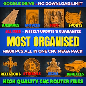Può includere: Un download digitale di oltre 8.500 file di router CNC per creare vari design, tra cui animali, film, lavori, sport, religioni, simboli, insegne e veicoli. I file sono organizzati in categorie e sono disponibili gratuitamente con aggiornamenti settimanali.