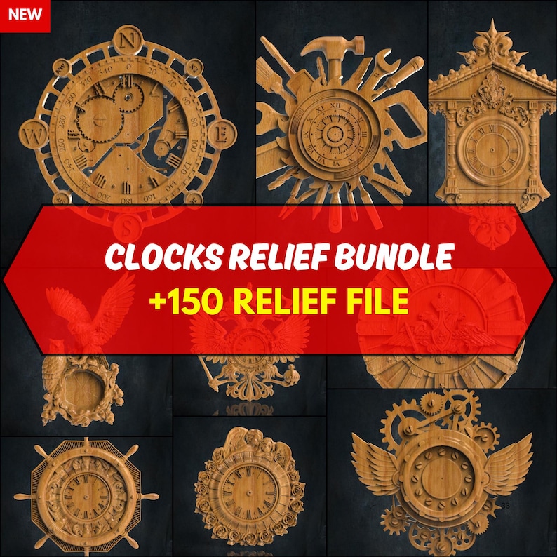 May include: A collection of 10 wooden clock face designs, including a compass, a clock with tools, a traditional clock, and a clock with wings. The text "CLOCKS RELIEF BUNDLE +150 RELIEF FILE" is displayed in red on a white background.