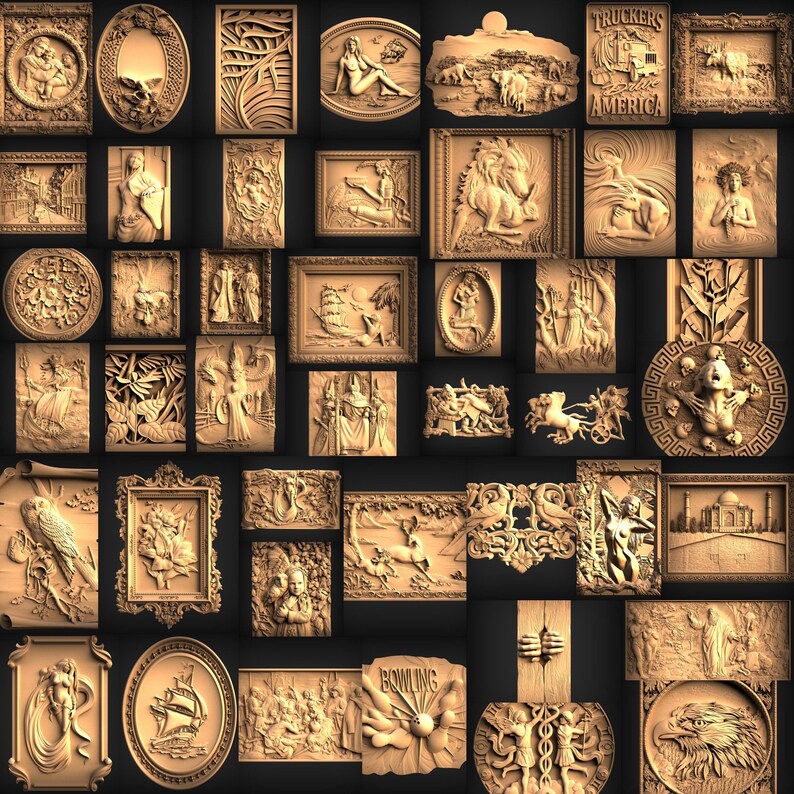 K&ouml;nnte beinhalten: Eine Collage aus 36 Holzschnitzereien in verzierten Rahmen. Die Schnitzereien zeigen eine Vielzahl von Motiven, darunter Tiere, Menschen und abstrakte Designs. Die Schnitzereien sind alle in einer hellbraunen Farbe gehalten und haben einen detaillierten, kunstvollen Stil.