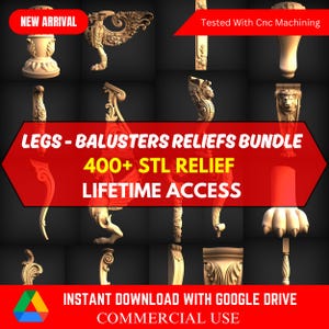 May include: A collection of 400+ 3D printable STL files for legs, balusters, and reliefs. The files are available for instant download with Google Drive and can be used for commercial purposes. The image shows a variety of ornate designs, including animal motifs and floral patterns.