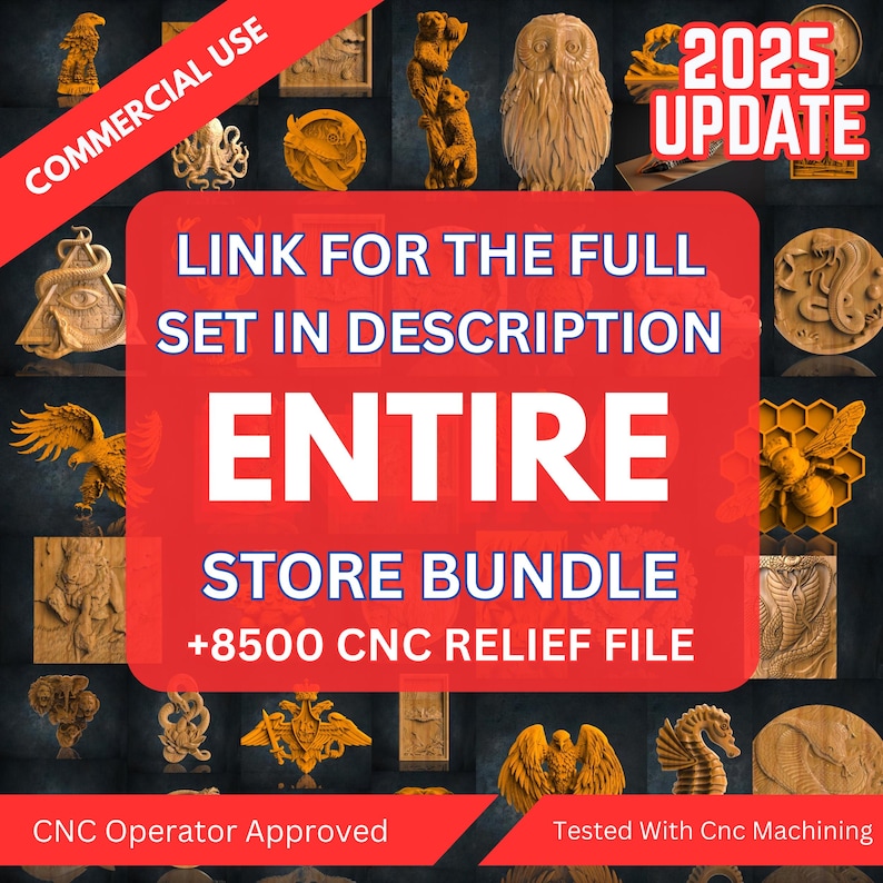 K&ouml;nnte beinhalten: Eine Collage aus 3D-gedruckten Reliefdesigns, darunter Tiere, Fabelwesen und geometrische Muster. Der Text "2025 UPDATE" und "LINK FOR THE FULL SET IN DESCRIPTION ENTIRE STORE BUNDLE +8500 CNC RELIEF FILE" wird auf rotem Hintergrund angezeigt. Der Text "CNC Operator Approved" und "Tested With Cnc Machining" wird am unteren Rand des Bildes angezeigt.