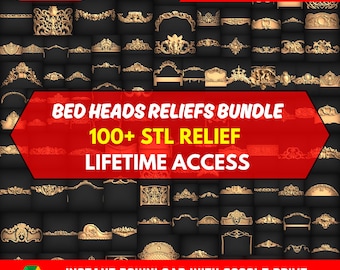 May include: A digital download of over 100 STL files for 3D printing bed head reliefs. The image shows a variety of ornate designs in gold, with the text "BED HEADS RELIEFS BUNDLE 100+ STL RELIEF LIFETIME ACCESS INSTANT DOWNLOAD WITH GOOGLE DRIVE COMMERCIAL USE".