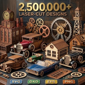 May include: A display of laser-cut designs, featuring wooden model cars, houses, and gears. The image showcases a range of colours, including brown, red, green, and blue. The text "2,500,000+ LASER-CUT DESIGNS" is visible. SVG, DXF, EPS, and PNG file format icons are at the bottom.