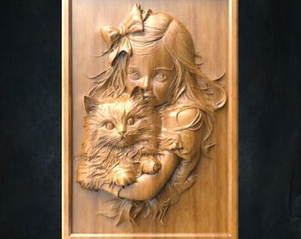 Klein meisje en kat 3D STL-model voor CNC-router houtsnijwerk schattig kind met kitten reliëf ontwerp muur decor kunst digitaal downloadbestand