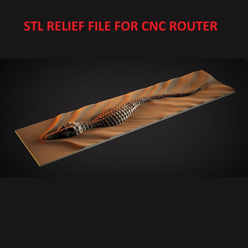 K&ouml;nnte beinhalten: Eine 3D-gedruckte STL-Reliefdatei f&uuml;r eine CNC-Fr&auml;se, die ein Krokodil zeigt, das auf einer sandigen Oberfl&auml;che liegt. Die Datei kann verwendet werden, um ein dekoratives Wandkunstwerk zu erstellen.
