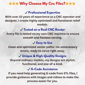 May include: Text graphic with the title "Why Choose My Cnc Files?" and bullet points detailing professional expertise, testing, ease of use, unique designs, and G-code assistance for CNC files.