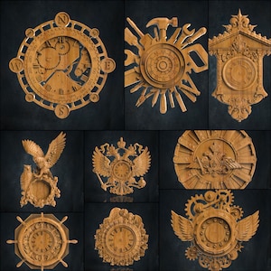 May include: A collection of ten wooden clock faces with intricate carvings and designs. The clocks feature various themes, including nautical, steampunk, and traditional.