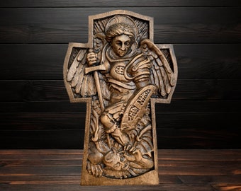 St. Michael Archangel Statue Carved Wood Archangel Michael Religious Christian Art Saint Michael Altar Wood Carving Catholic Guardian Statue