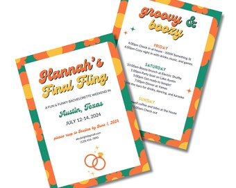 Final Fling Bachelorette Party Invitation and Itinerary 2 in 1, Personalized Custom Template, 70s Retro Groovy Boozy Last Disco Flower Power