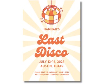 Last Disco Bachelorette Party Invitation Disco Ball, Personalized Custom Invite Template, 70s Retro Groovy Boozy Final Fling