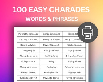 Printable Charades - Set of 100 Easy Words and Phrases. Kid Friendly and Family Friendly Game. Last Minute DIY Games. Team Building Games.