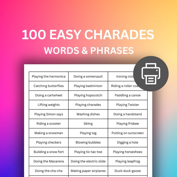 Printable Charades - Set of 100 Easy Words and Phrases. Kid Friendly and Family Friendly Game. Last Minute DIY Games. Team Building Games.
