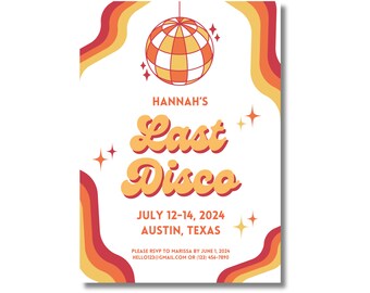 Last Disco Bachelorette Party Invitation Disco Ball, Personalized Custom Invite Template, 70s Retro Groovy Boozy Final Fling