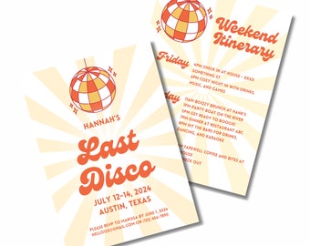 Last Disco Bachelorette Party Invitation and Itinerary 2 in 1, Personalized Custom Template, 70s Retro Groovy Boozy Last Boogie Final Fling