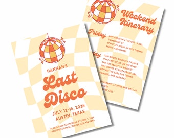 Last Disco Bachelorette Party Invitation and Itinerary 2 in 1, Personalized Custom Template, 70s Retro Groovy Boozy Last Boogie Final Fling