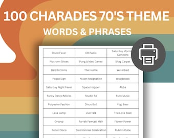 Printable Charades - Set of 100 70's Themed Words and Phrases. Last Minute DIY Games for 70's Themed Party.