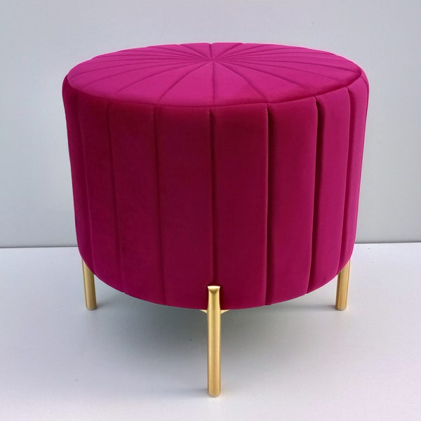 pink round pouffe, golden legs, bench, footstool