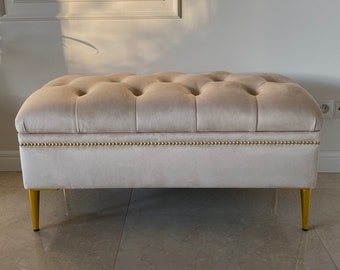 Chesterfield bench, bedroom bench, bedside bench, upholstered bench, deeply quilted, HANDMADE, beige shoe bench