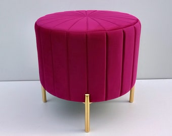 pink round pouffe, golden legs, bench, footstool
