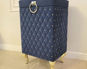 Navy Blue Velvet Laundry Basket with Gold Legs | Quilted Storage Ottoman | Handmade | Custom Size | Glamor Home Decor