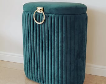 Velvet Laundry Basket with Lid – Handmade Green Wooden Storage Hamper with Gold Handle – Poufestore EU