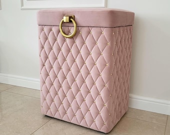 Luxury Pink Velvet Laundry Basket with Gold Studs – Glamorous Quilted Hamper