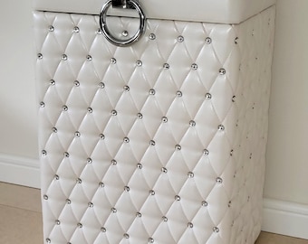 Upholstered White Laundry Hamper – Glamor Style with Crystal Finish
