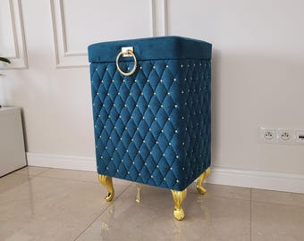Green Velvet Laundry Basket with Gold Legs | Quilted Storage Ottoman | Handmade | Custom Size | Glamor Home Decor