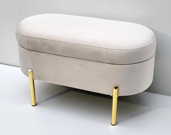 Oval Velvet Storage Bench in Cashmere with Gold Legs | Entryway Shoe Storage Ottoman | Modern Bedroom Hallway Seating
