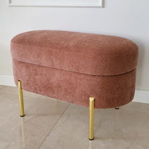 Oval Storage Bench, Upholstered Chenille Bench with Gold Legs, Bedroom Bench, Entryway Ottoman, STORM Fabric, Handmade in Poland