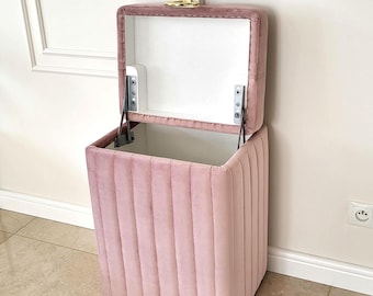Pink Velvet Laundry Hamper with Gold Handle | Striped Velvet Storage Basket | Modern Laundry Bin for Bedroom & Bathroom