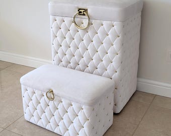 Velvet Laundry Hamper and Jewelry Box Set – White Upholstered Storage Trunks with Gold Handle – Glam Bathroom or Bedroom Decor