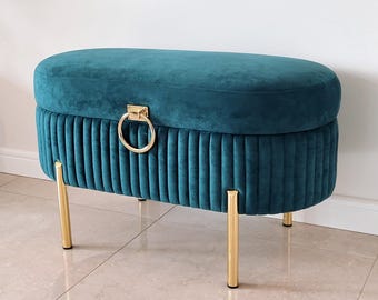 Green Oval Ottoman with Storage | Gold Legs & Ring Handle | Modern Glam Upholstered Bench for Bedroom, Hallway or Living Room